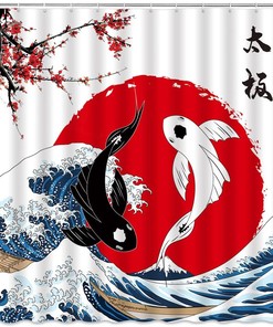 Red Plum Sun Great Wave Anime Fabric Japanese Shower Curtain for Bathroom Decor