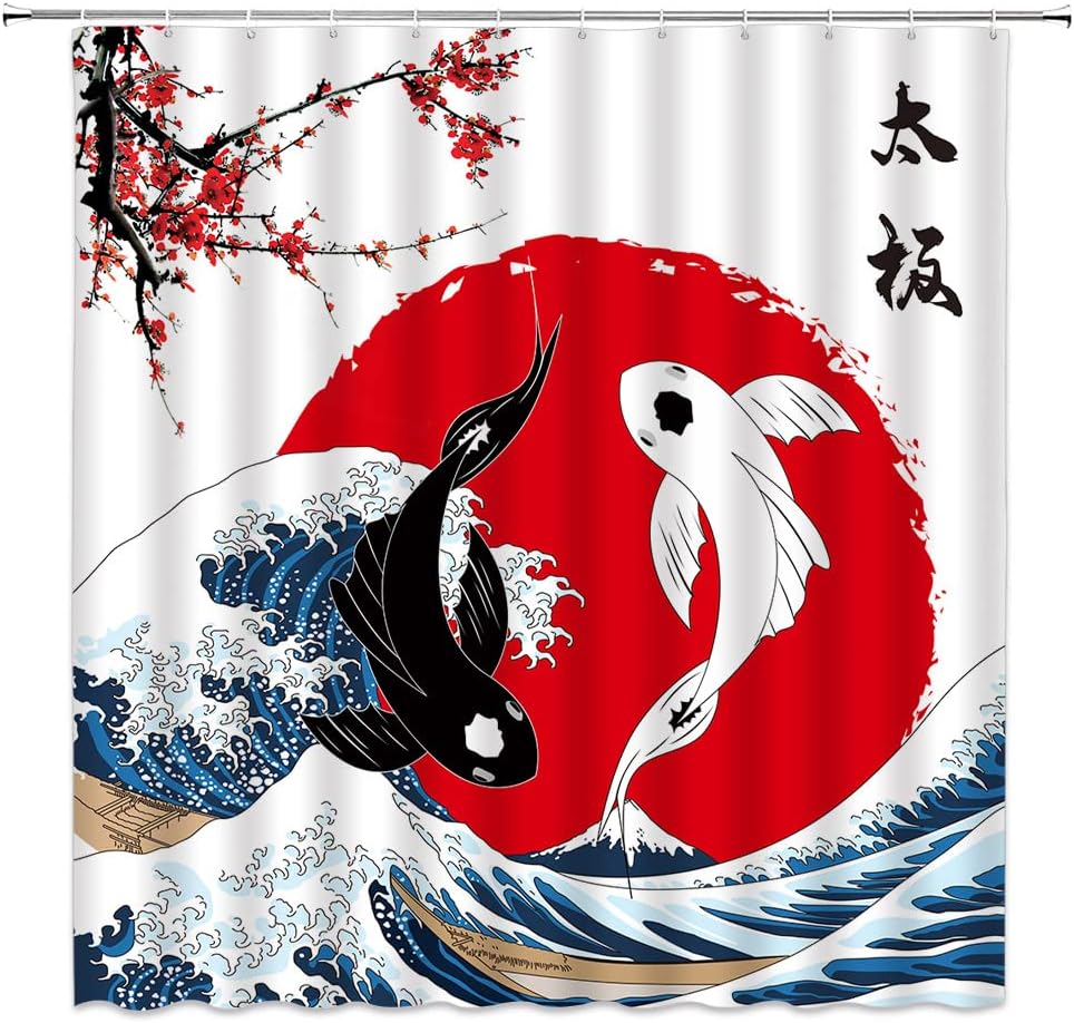Red Plum Sun Great Wave Anime Fabric Japanese Shower Curtain for Bathroom Decor