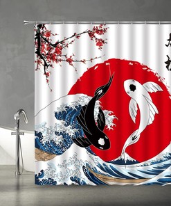 Red Plum Sun Great Wave Anime Fabric Japanese Shower Curtain for Bathroom Decor