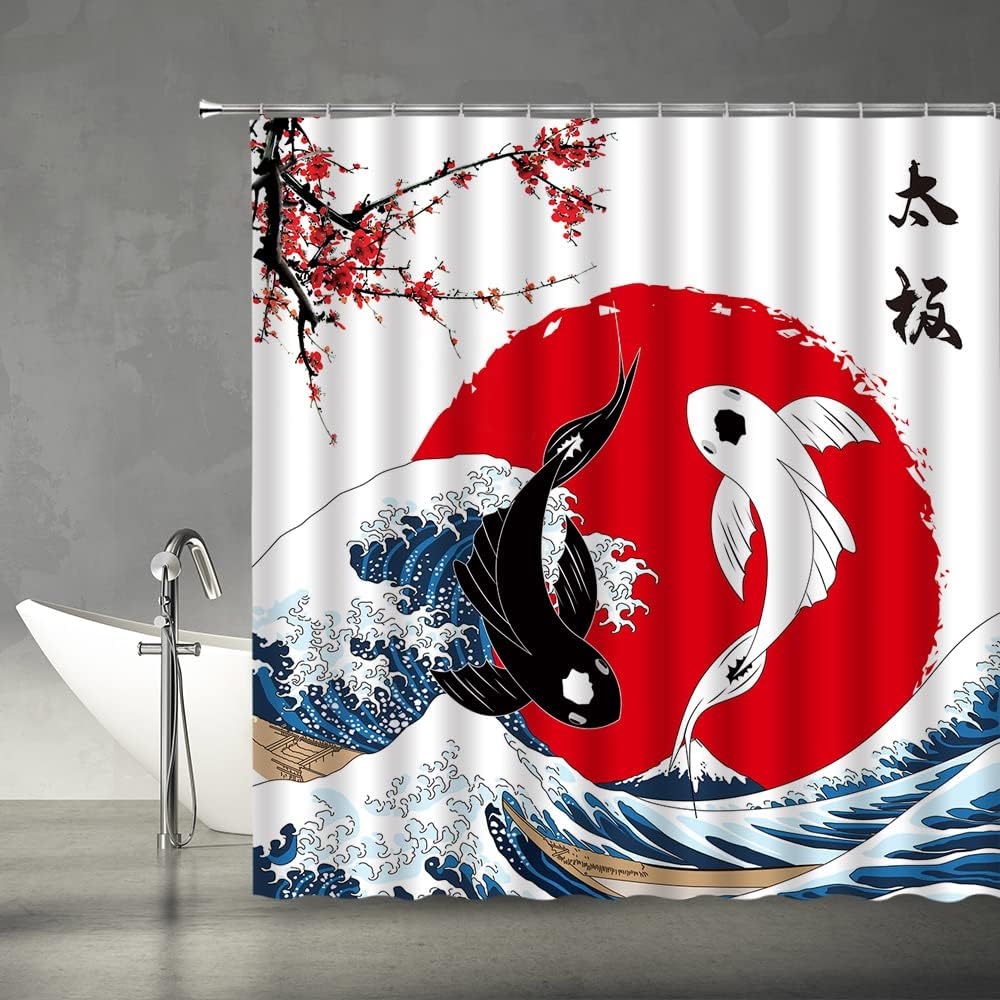 Red Plum Sun Great Wave Anime Fabric Japanese Shower Curtain for Bathroom Decor