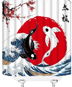 Red Plum Sun Great Wave Anime Fabric Japanese Shower Curtain for Bathroom Decor