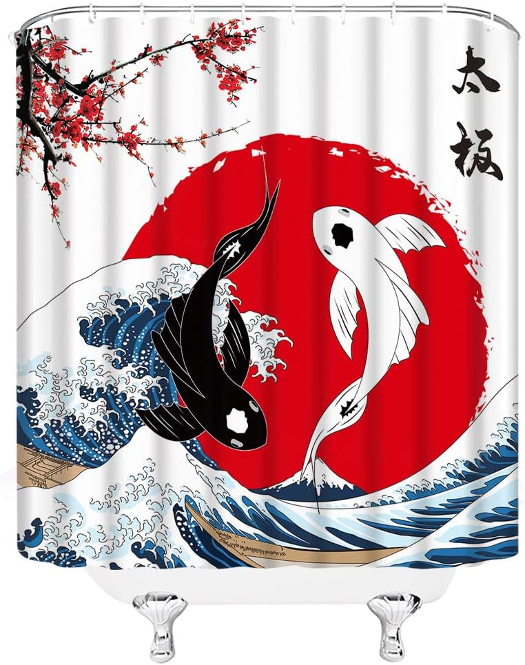 Red Plum Sun Great Wave Anime Fabric Japanese Shower Curtain for Bathroom Decor
