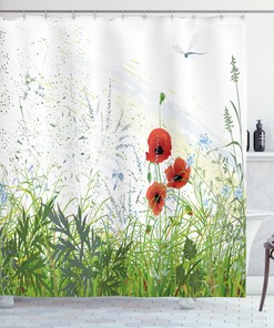Red Poppies Dragonfly Print Shower Curtain For Artistic Bathroom Decor