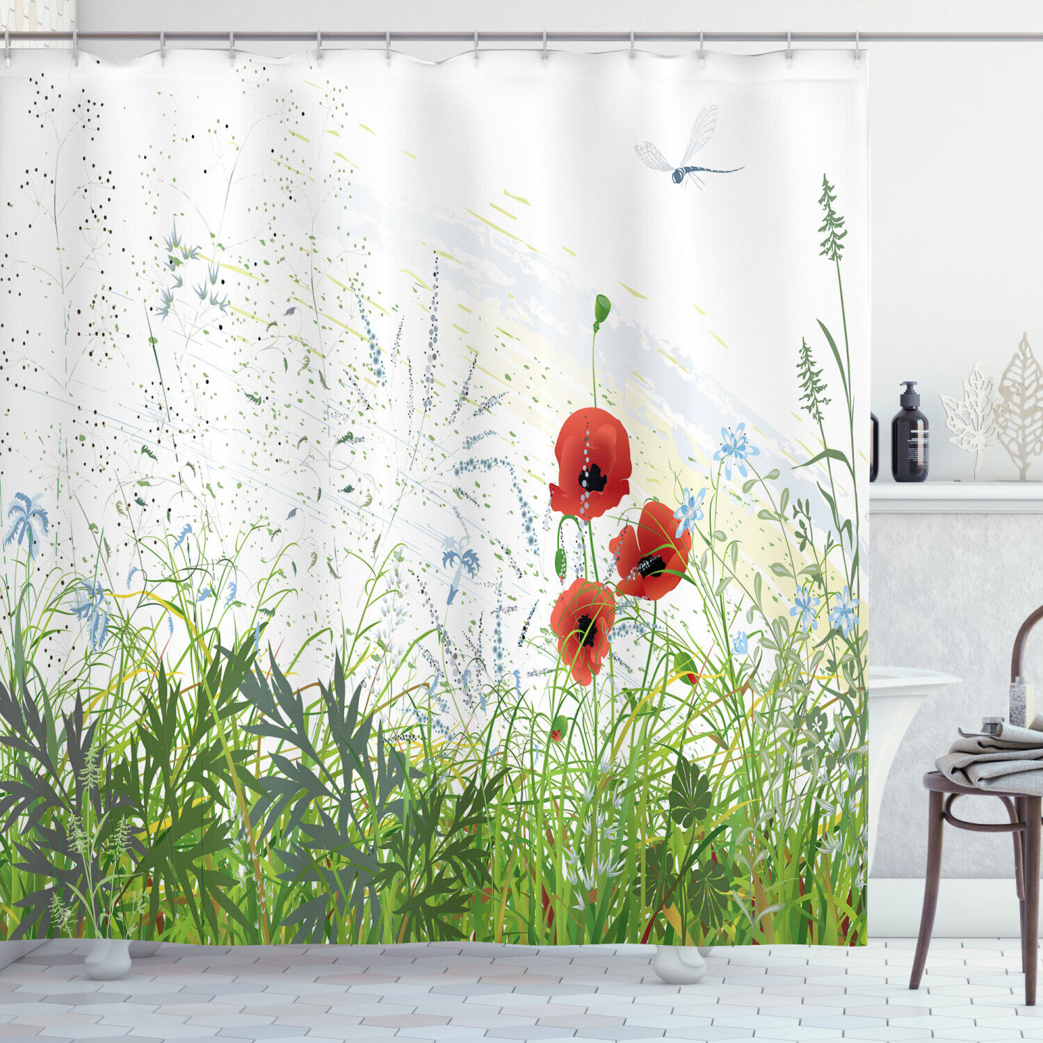 Red Poppies Dragonfly Print Shower Curtain For Artistic Bathroom Decor