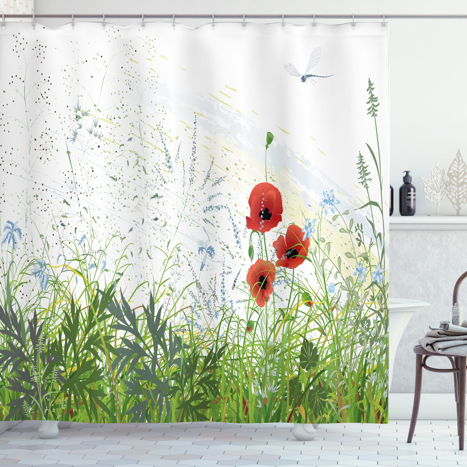 Red Poppies Dragonfly Print Shower Curtain For Artistic Bathroom Decor