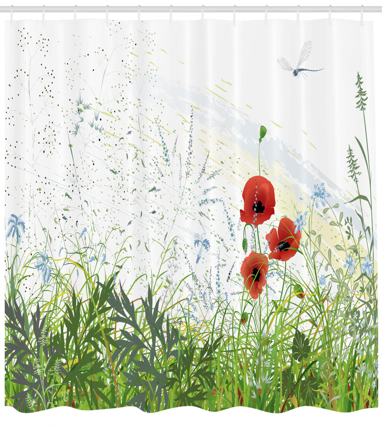 Red Poppies Dragonfly Print Shower Curtain For Artistic Bathroom Decor