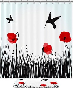 Red Poppies Hummingbirds Shower Curtain, Set of 2, Waterproof Fabric for Bathroom Decor