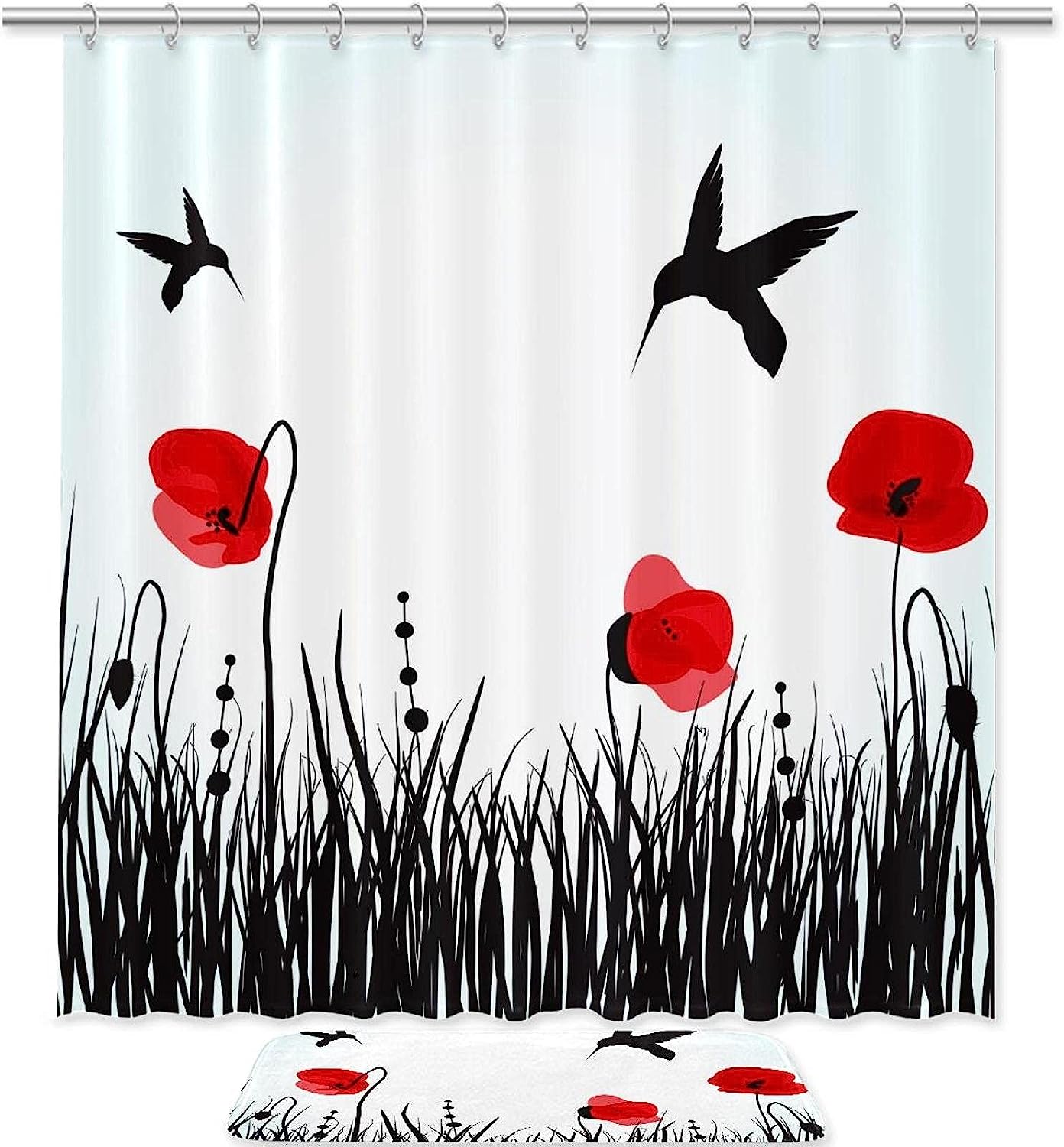Red Poppies Hummingbirds Shower Curtain, Set of 2, Waterproof Fabric for Bathroom Decor