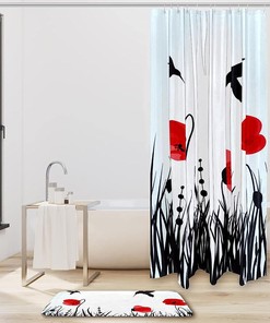Red Poppies Hummingbirds Shower Curtain, Set of 2, Waterproof Fabric for Bathroom Decor