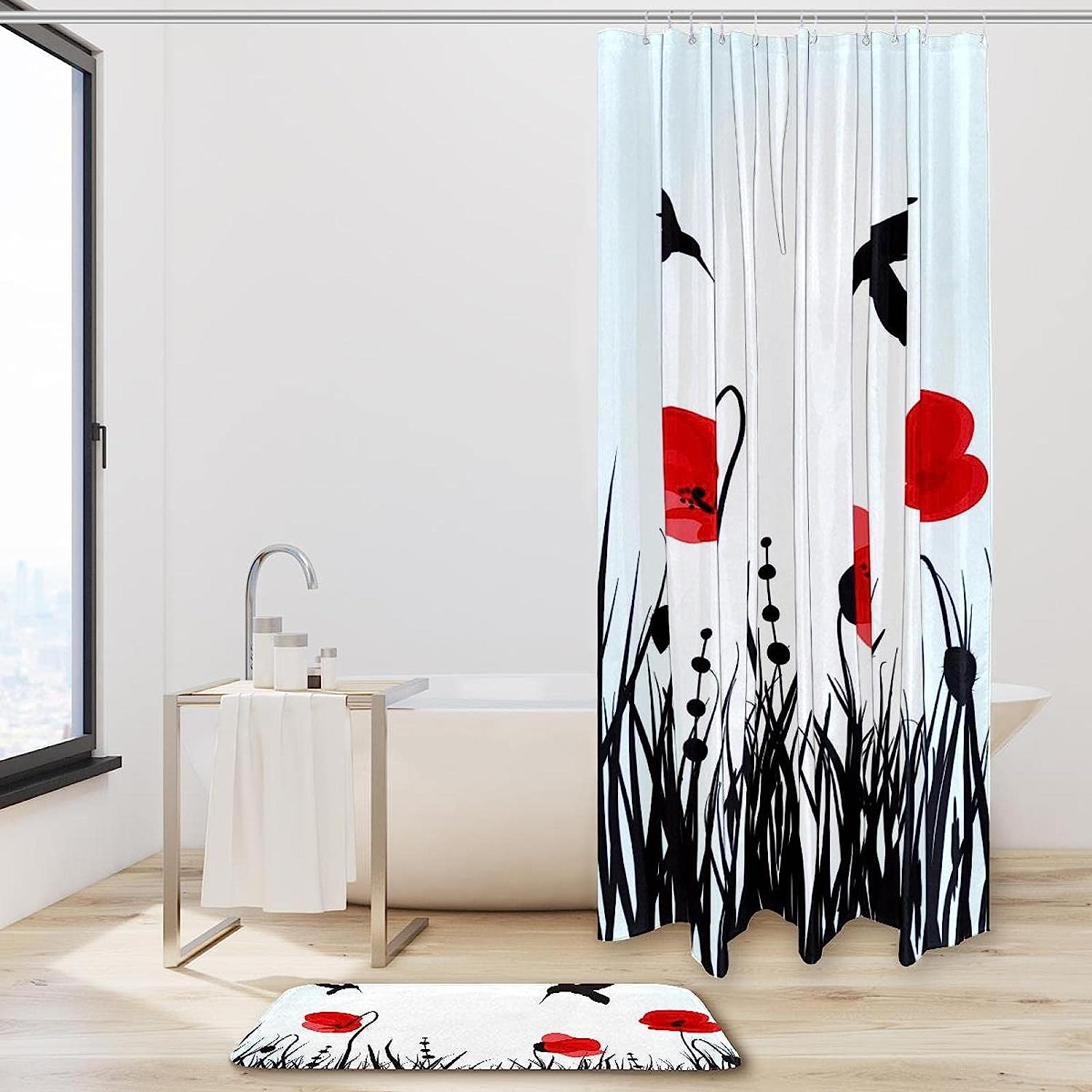 Red Poppies Hummingbirds Shower Curtain, Set of 2, Waterproof Fabric for Bathroom Decor