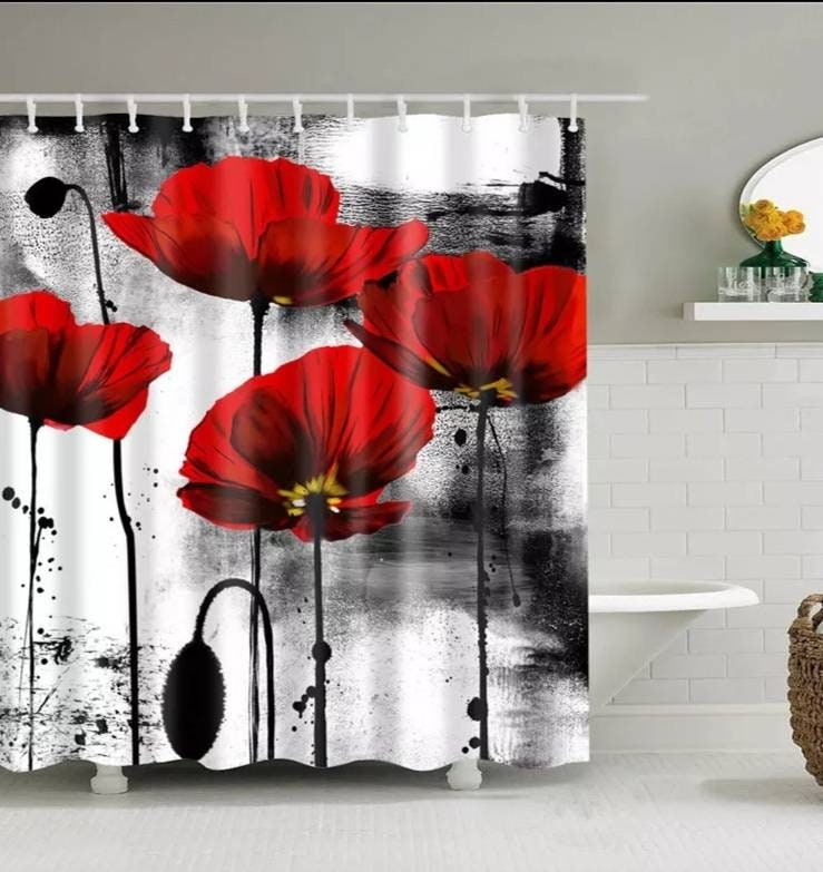 Red Poppies Shower And Bath Curtains With Beautiful Flower Print, Invigorating Bathroom Decor