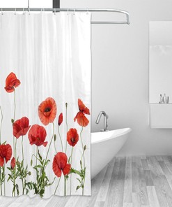 Red Poppy Floral Shower Curtain Sets with Decorative Machine for Home Decoration