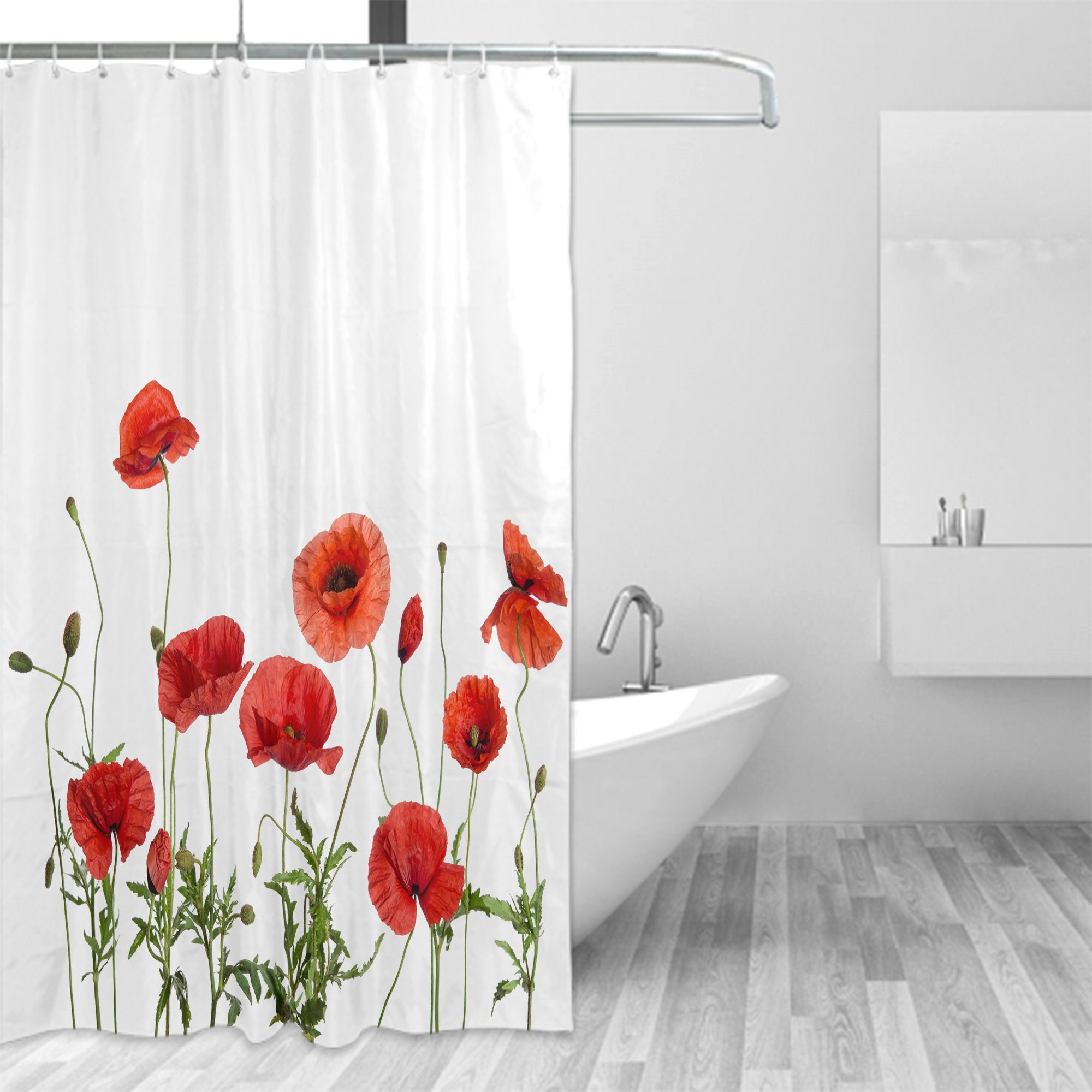 Red Poppy Floral Shower Curtain Sets with Decorative Machine for Home Decoration