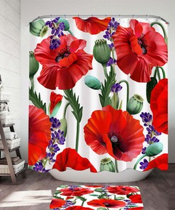 Red Poppy Flowers with Lavender Shower Curtain in Purple