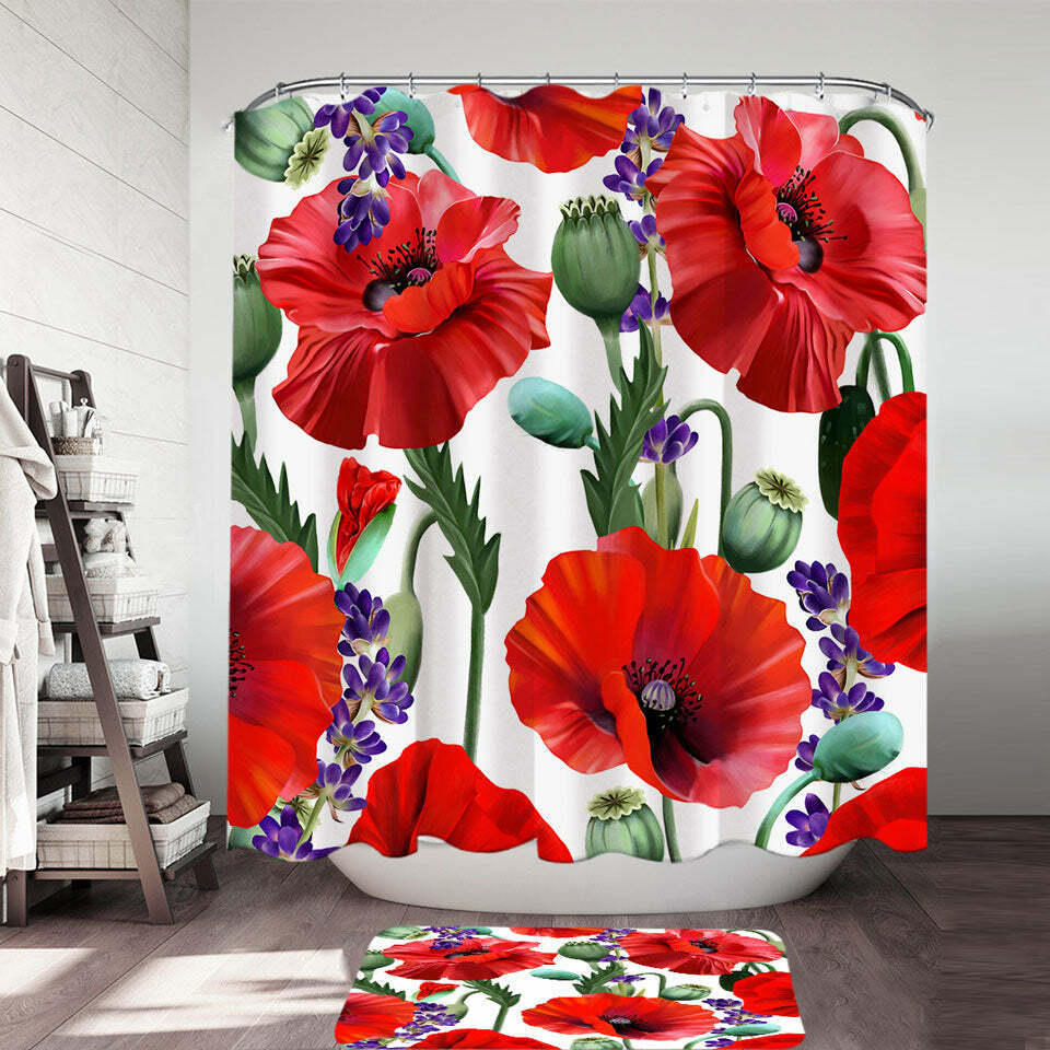 Red Poppy Flowers with Lavender Shower Curtain in Purple