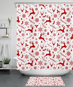 Red Reindeer Snowflakes Christmas Shower Curtain - Unique Moose Bauble Tree Print