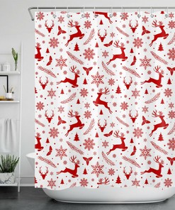 Red Reindeer Snowflakes Christmas Shower Curtain - Unique Moose Bauble Tree Print