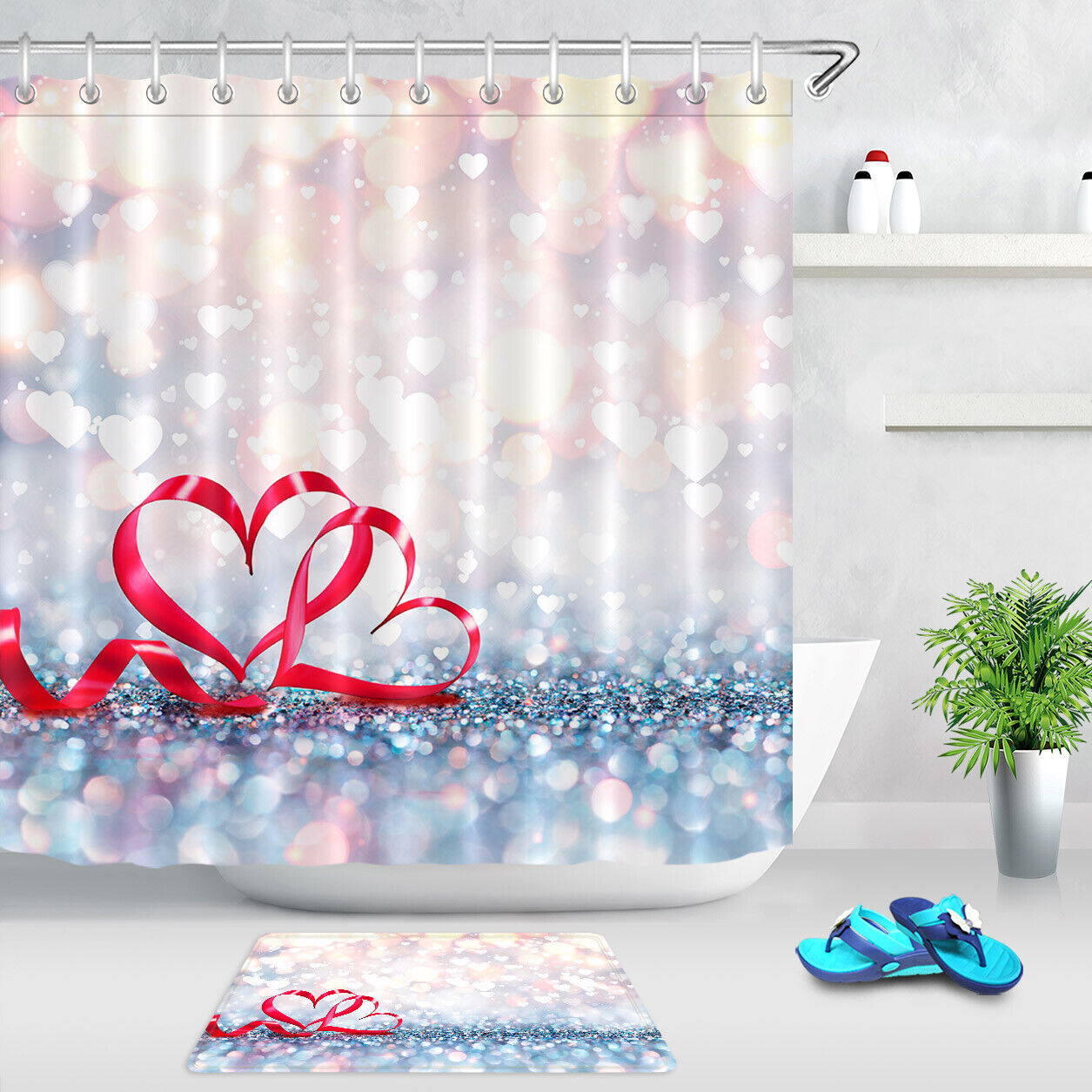Red Ribbon Heart Light Spots Shower Curtain for Valentine's Day Decor