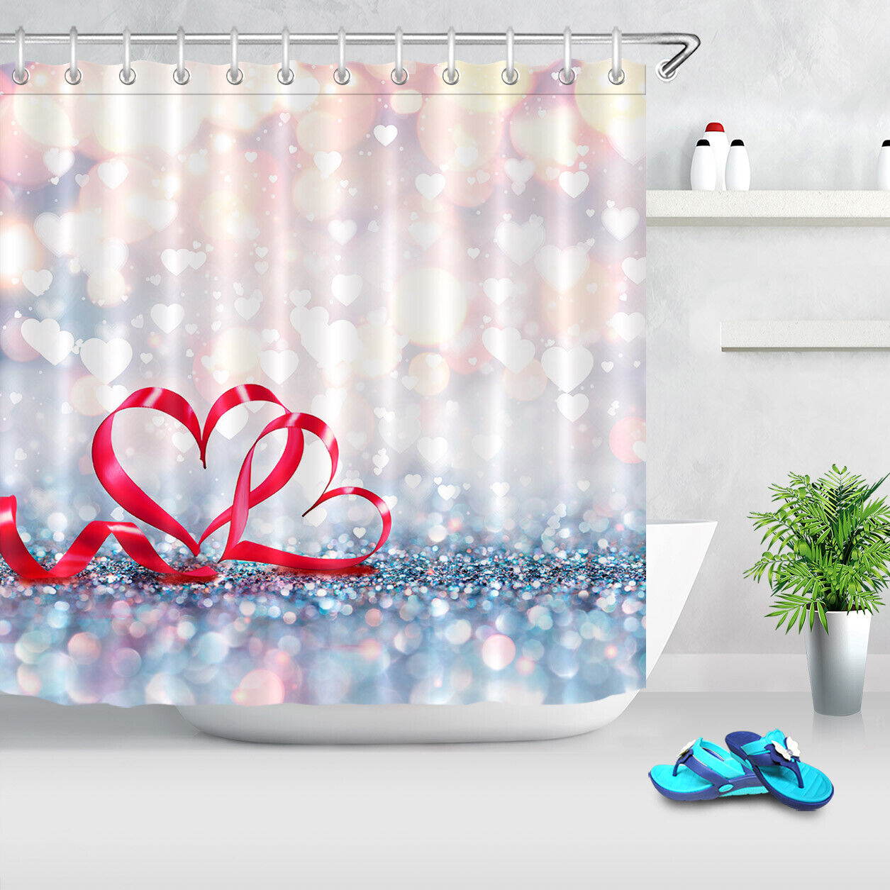 Red Ribbon Heart Light Spots Shower Curtain for Valentine's Day Decor