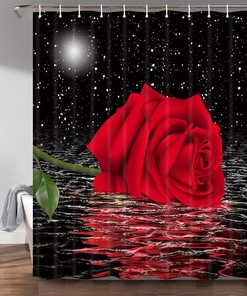 Red Rose Flower Moon Shower Curtain, Starry Night Sky Bathroom Decor 