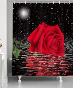 Red Rose Flower Moon Shower Curtain, Starry Night Sky Bathroom Decor