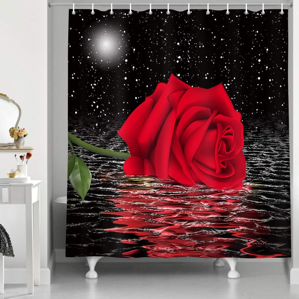 Red Rose Flower Moon Shower Curtain, Starry Night Sky Bathroom Decor