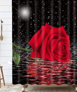 Red Rose Flower Moon Shower Curtain, Starry Night Sky Bathroom Decor