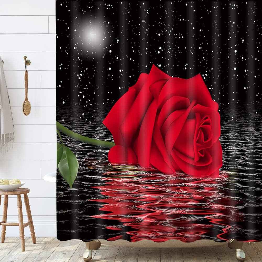 Red Rose Flower Moon Shower Curtain, Starry Night Sky Bathroom Decor