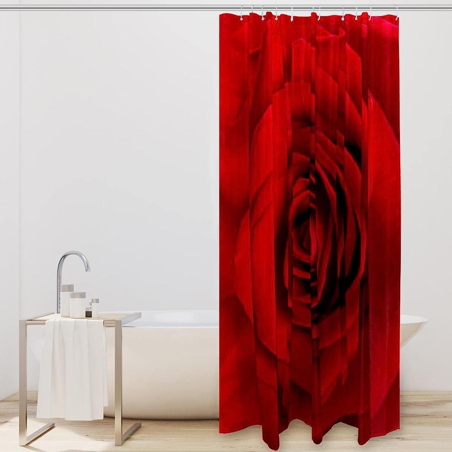 Red Rose Flower Print Fabric Shower Curtain for Romantic Valentine's Day Bathroom Decor