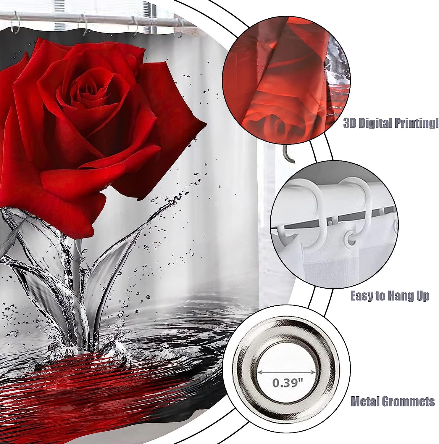 Red Rose Flower Shower Curtain, Perfect For Home Or Hotel Bathrooms
