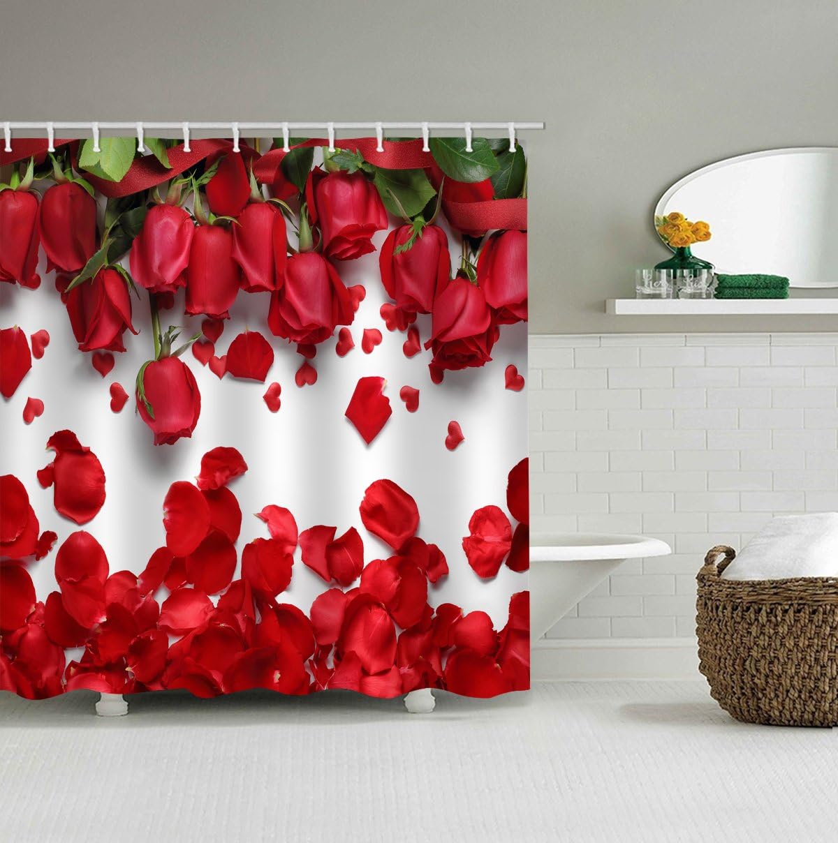 Red Rose Petals Shower Curtain with Waterproof Fabric for Covered Bathtub Bathroom
