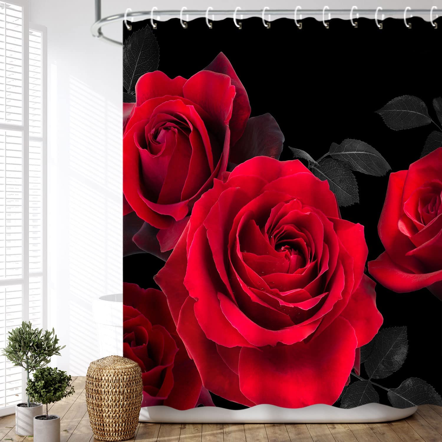 Red Rose Shower Curtain - Romantic Black Floral Bathroom Decor with Valentine's Day Gift