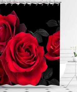 Red Rose Shower Curtain - Romantic Black Floral Bathroom Decor with Valentine's Day Gift