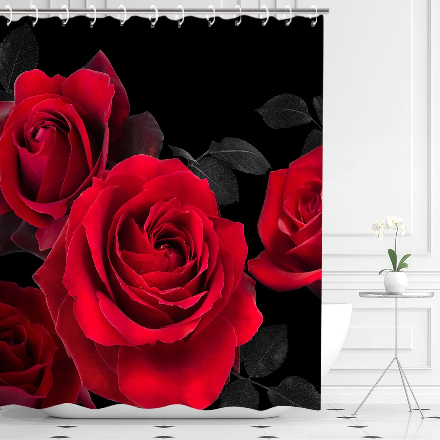 Red Rose Shower Curtain - Romantic Black Floral Bathroom Decor with Valentine's Day Gift