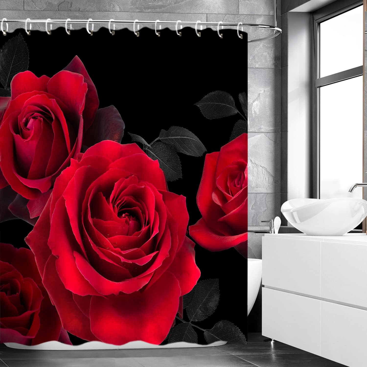 Red Rose Shower Curtain - Romantic Black Floral Bathroom Decor with Valentine's Day Gift