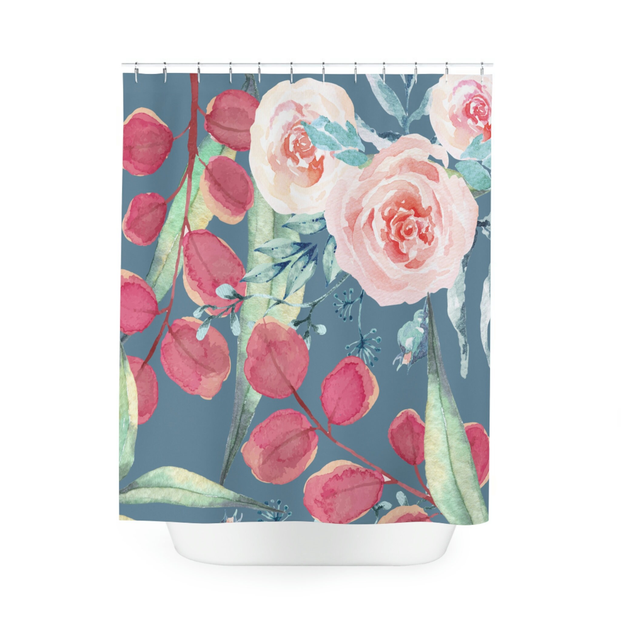 Red Rose Shower Curtain with Pink Accents, Romantic Bath Curtain