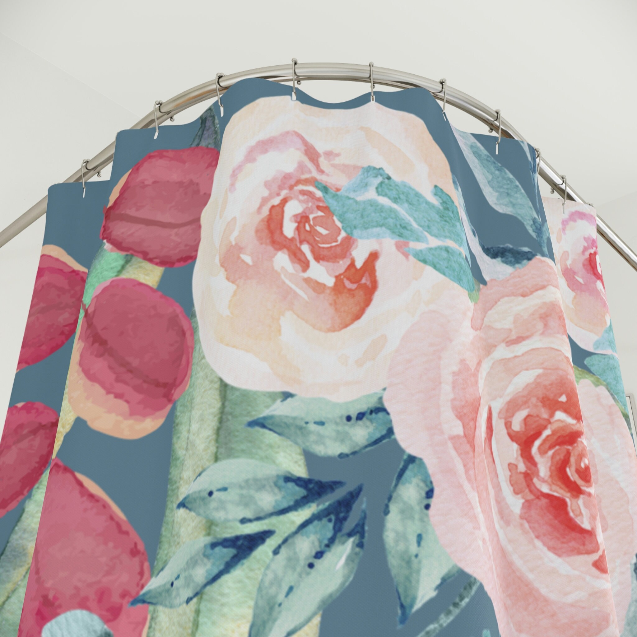 Red Rose Shower Curtain with Pink Accents, Romantic Bath Curtain