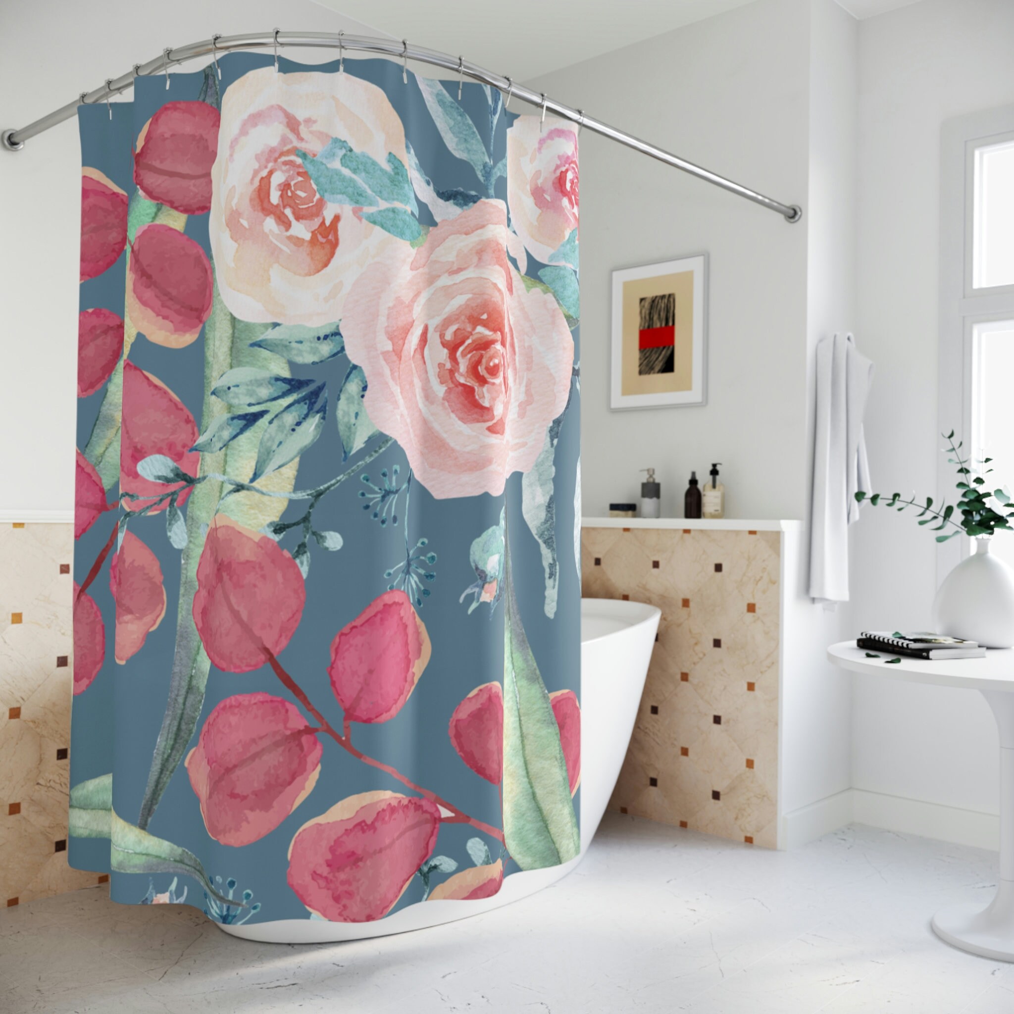 Red Rose Shower Curtain with Pink Accents, Romantic Bath Curtain