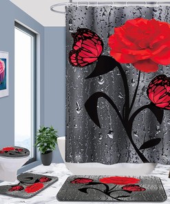 Red Rose Shower Curtain with Plant Print for Valentine's Day Bathroom Decor