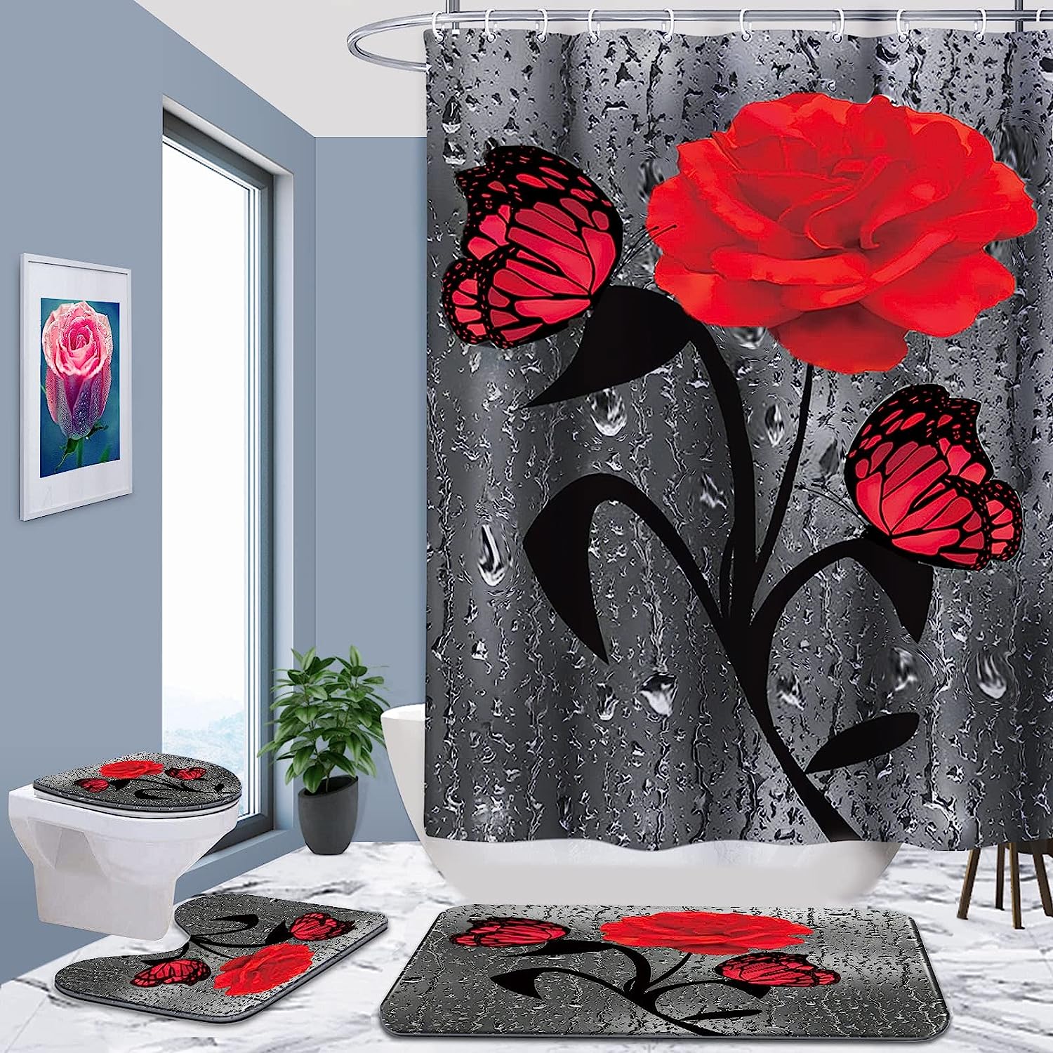 Red Rose Shower Curtain with Plant Print for Valentine's Day Bathroom Decor