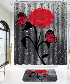 Red Rose Shower Curtain with Plant Print for Valentine's Day Bathroom Decor