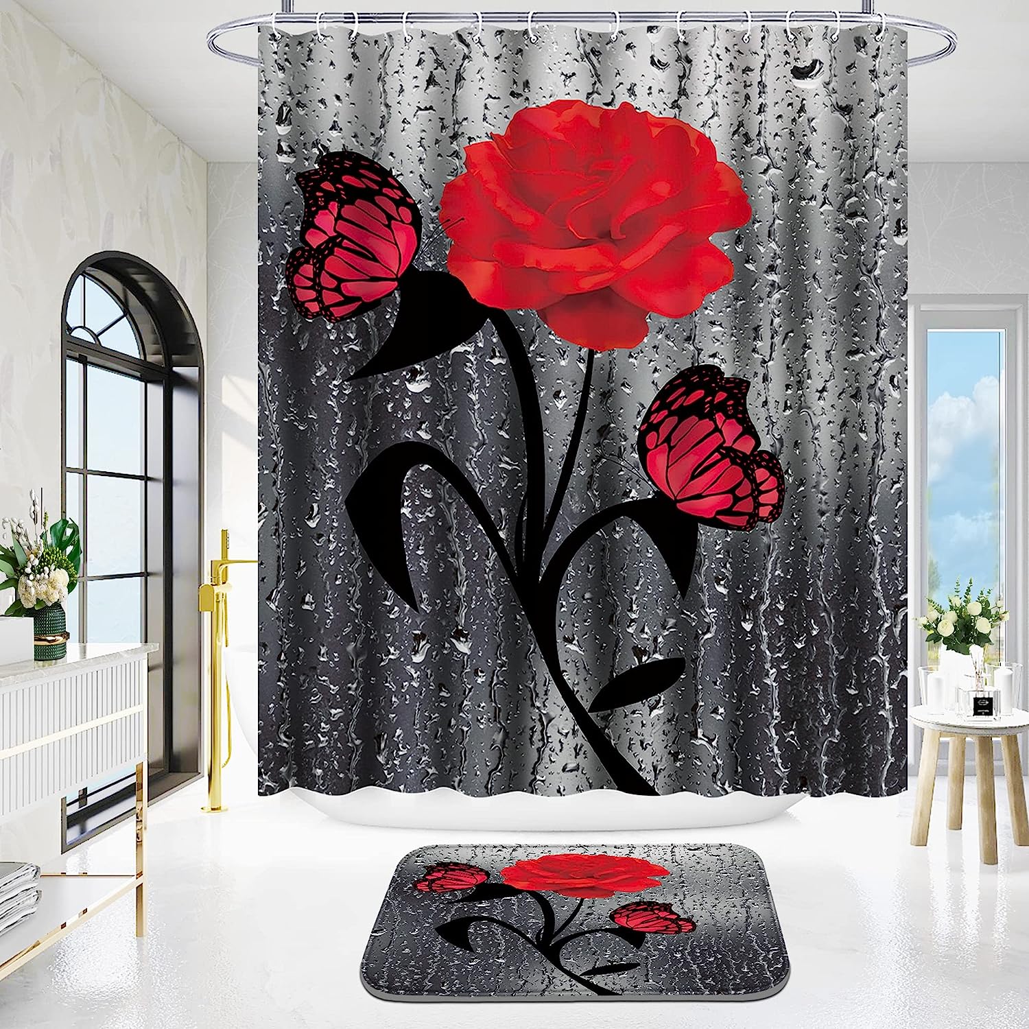 Red Rose Shower Curtain with Plant Print for Valentine's Day Bathroom Decor