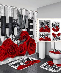Red Rose Valentine's Day Shower Curtain and U Shaped Mat, Stylish and Romantic Bathroom Decor