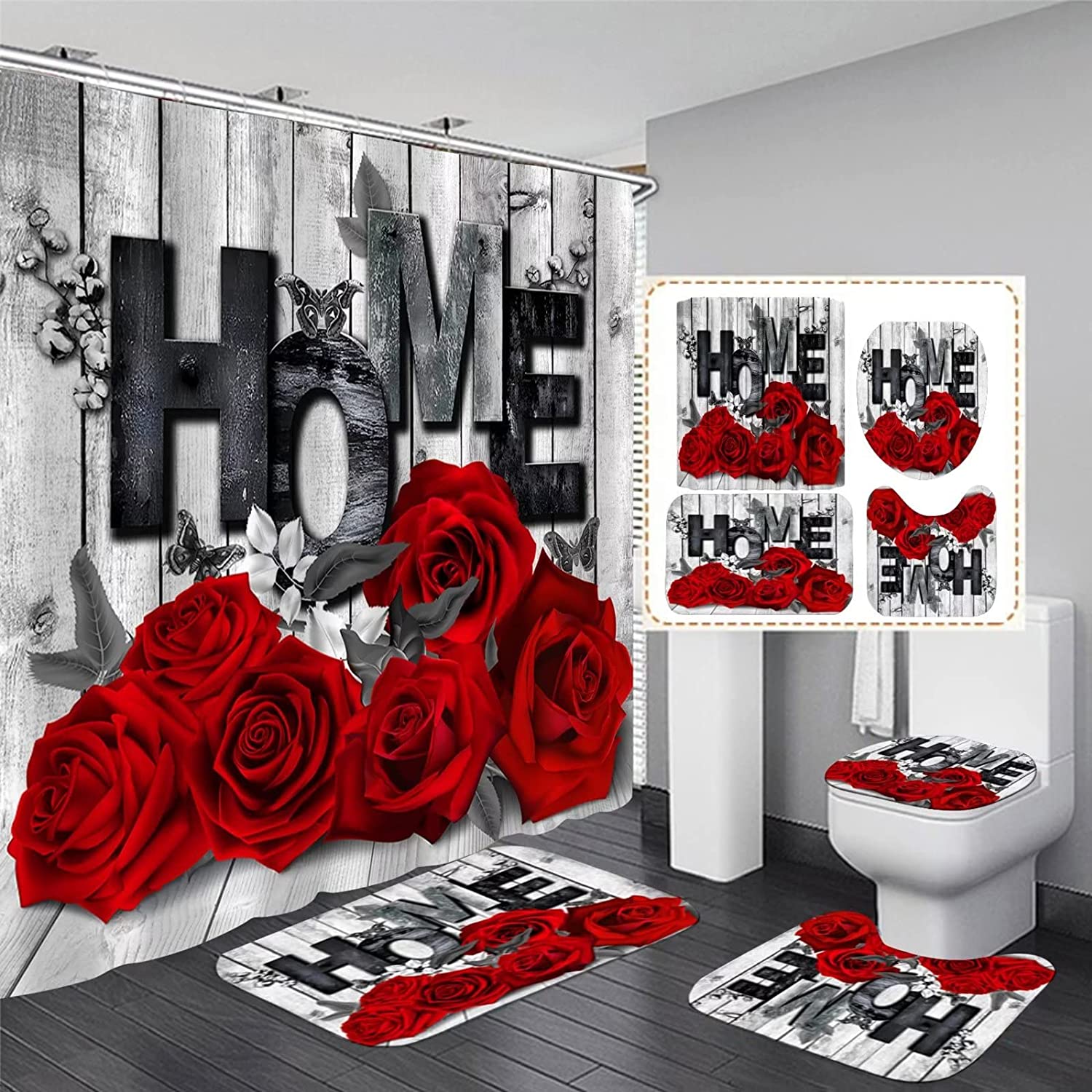 Red Rose Valentine's Day Shower Curtain and U Shaped Mat, Stylish and Romantic Bathroom Decor