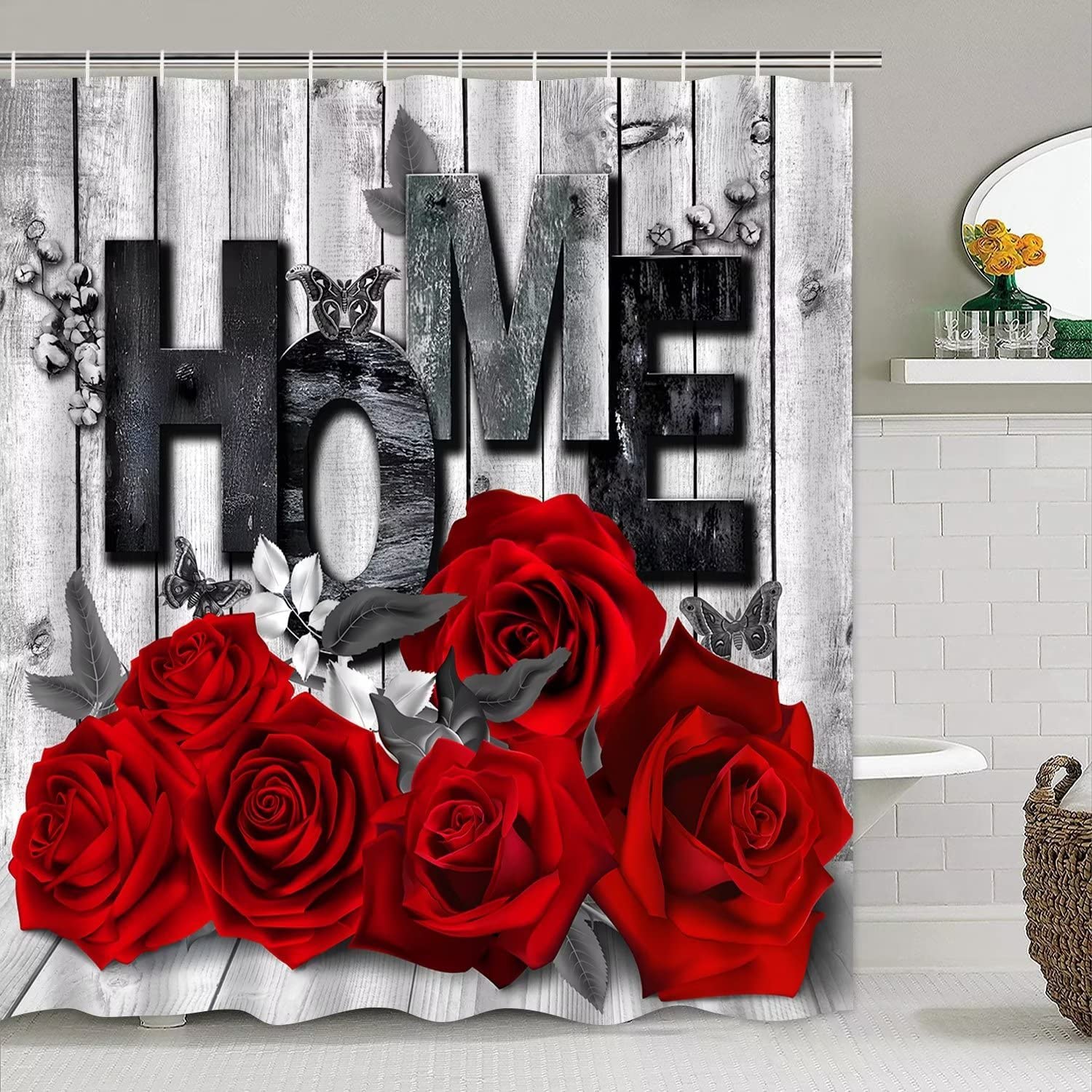 Red Rose Valentine's Day Shower Curtain and U Shaped Mat, Stylish and Romantic Bathroom Decor