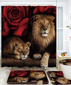 Red Rose and Lion Unique Shower Curtain - Animal Print Bathroom Decor