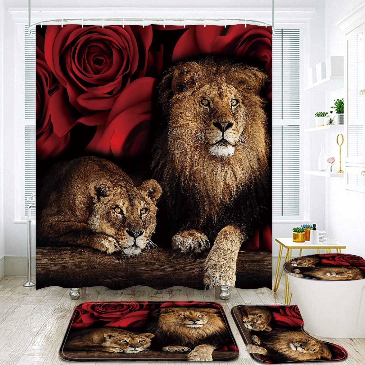 Red Rose and Lion Unique Shower Curtain - Animal Print Bathroom Decor
