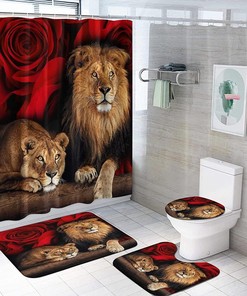 Red Rose and Lion Unique Shower Curtain - Animal Print Bathroom Decor
