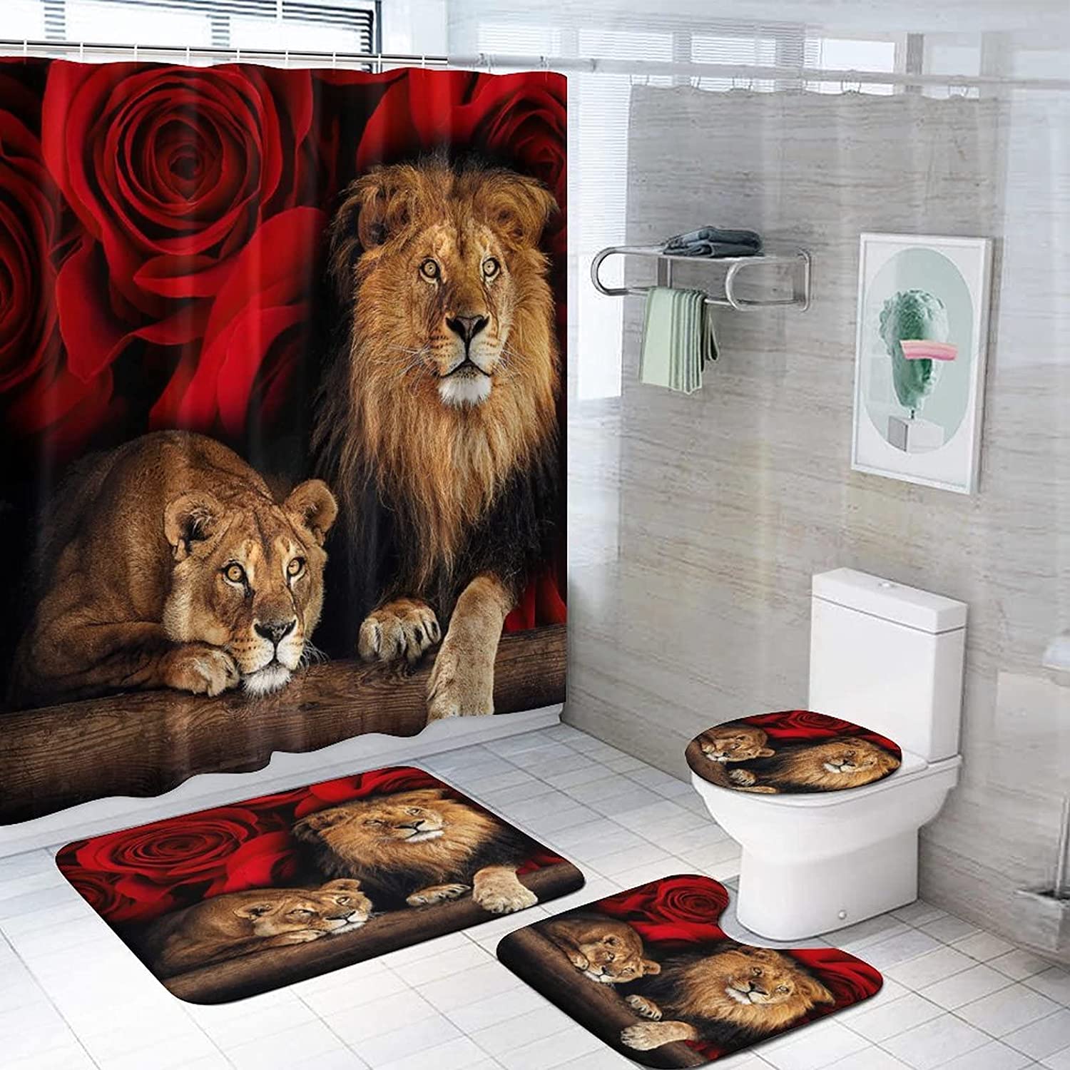 Red Rose and Lion Unique Shower Curtain - Animal Print Bathroom Decor