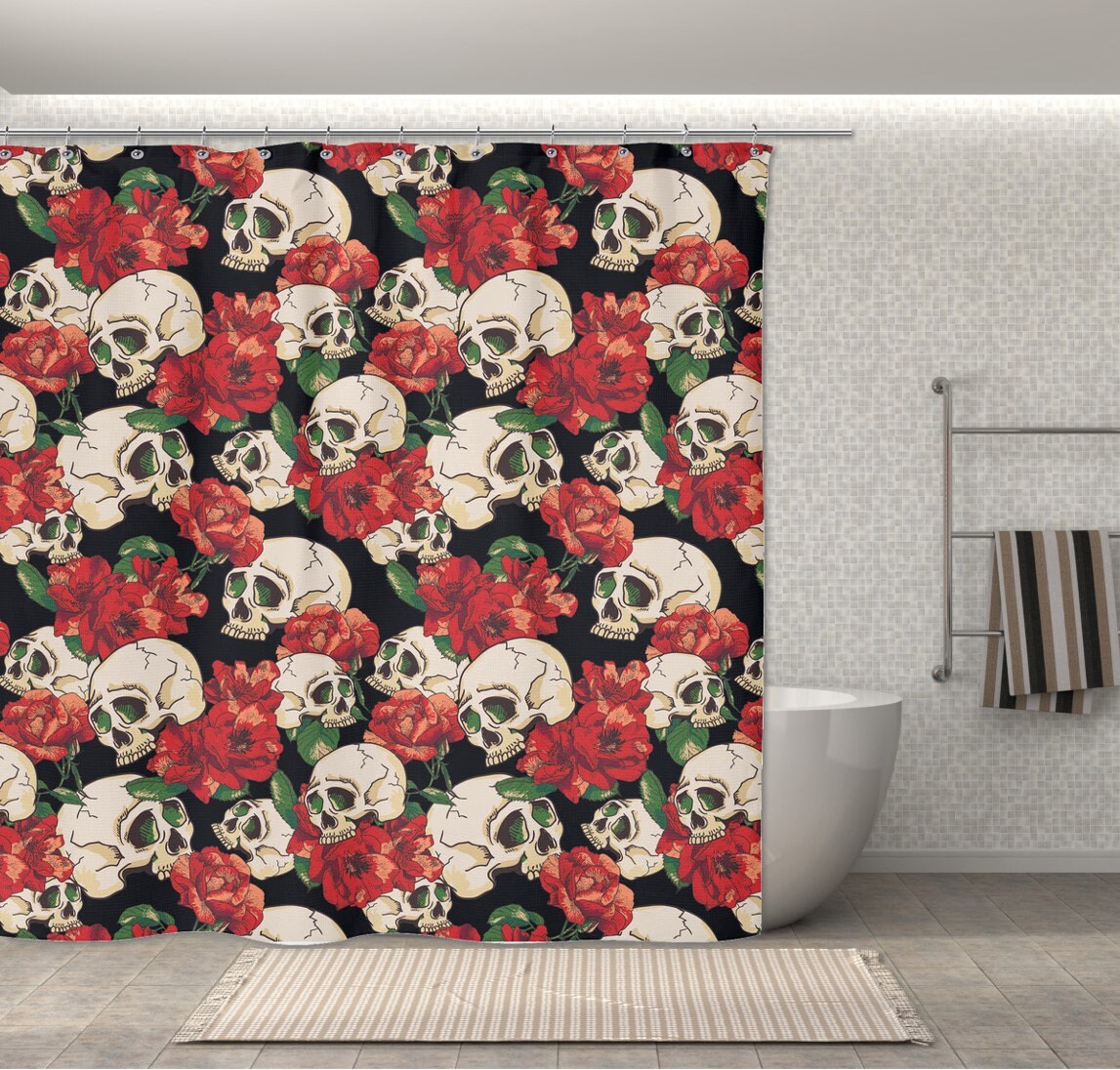 Red Rose and Skull Shower Curtain for Fans of Edgy Style